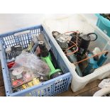2 plastic crates of tools incl. battery powered Rolson drill, various padlocks, loose power tools,