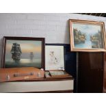 Nautical scene and various other framed and glazed pictures together with a small wooden artists