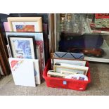 Red box of various small pictures and prints together with a sack of larger mainly framed and glazed