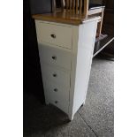 White wooden 5 drawer tallboy with oak top