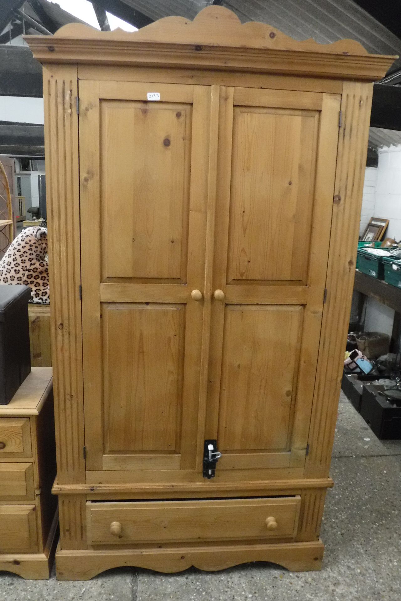 Pine double door wardrobe with single drawer under