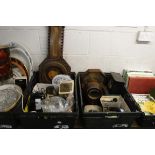 2 crates of various clock repair items incl. empty clock cases, barometer case, clock mechanisms,
