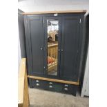 Modern oak top 3 door wardrobe with 2 drawers under (mirror cracked)