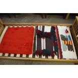 Red modern hall runner with 2 Native American themed rugs