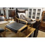 IKEA brown leatherette easy chair with matching footstool