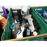 Crate of assorted tape measures, electronics, mirror, etc.