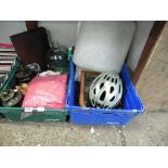 2 crates of housewares, lamps, flagon, bike helmet, etc.