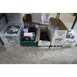 5 boxes of mixed items incl. Pro Elec clip on light leads, LAP security light, Pro Elec 25m cable