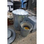 (1088) Metal garden bin with quantity of metal buckets
