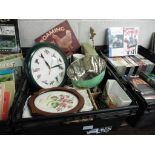 Crate of various housewares, bird clock, letter rack, linen, etc.