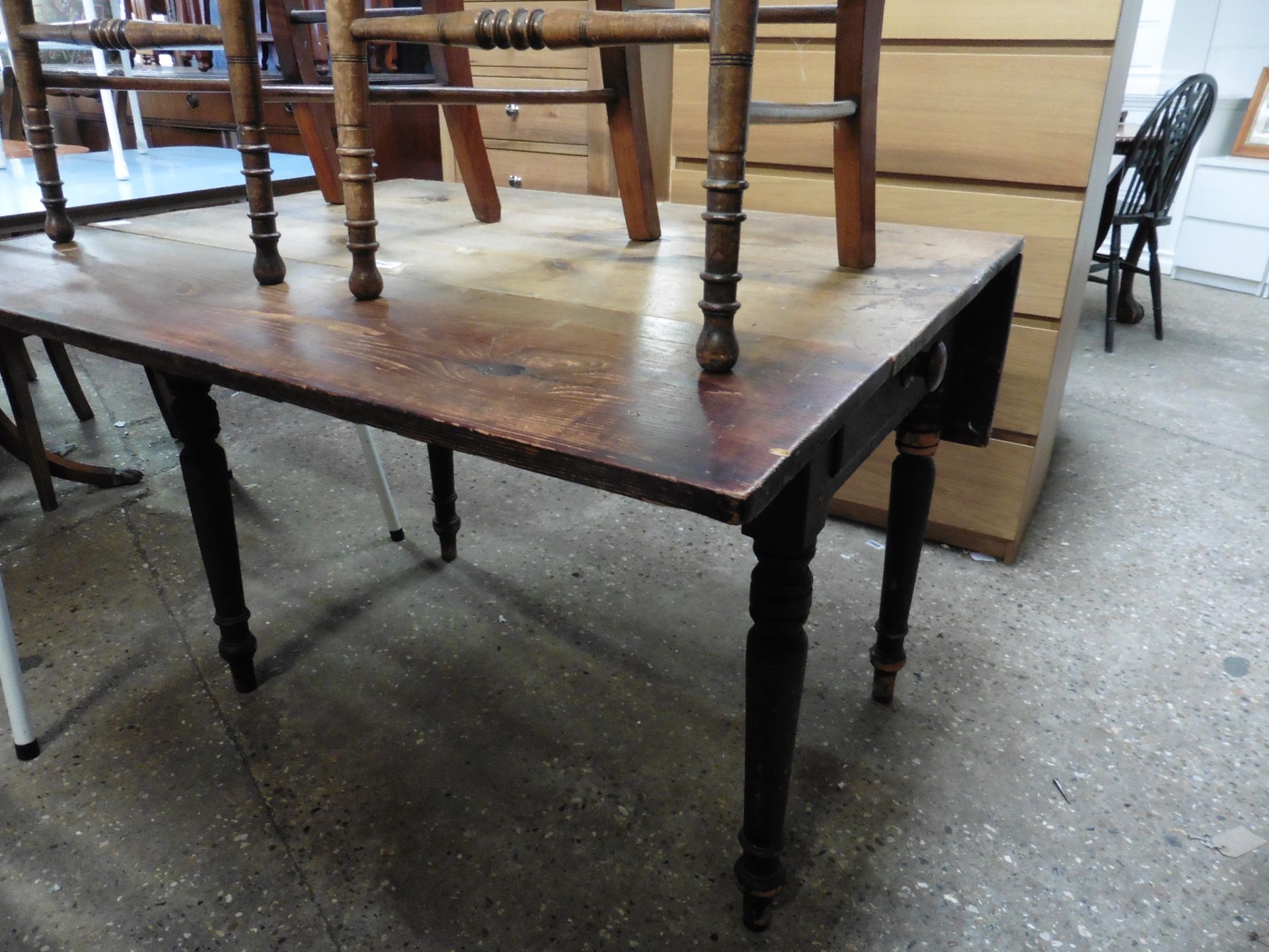 Pitch pine kitchen table with drop leaves and drawer