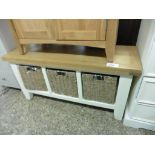 (10) Cream painted oak top bench seat with 3 seagrass storage baskets