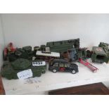 Quantity of die cast cars, tanks, and jeeps