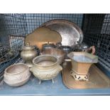 Cage containing brass bowls plus silver plated teapots and a serving tray