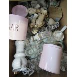 Box containing wine glasses and tumblers, ornamental religious figures, metal kitchen storage
