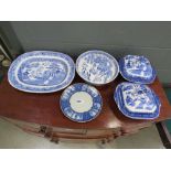 Quantity of blue and white crockery incl. lidded tureens, meat platter, dinner plates and bowl