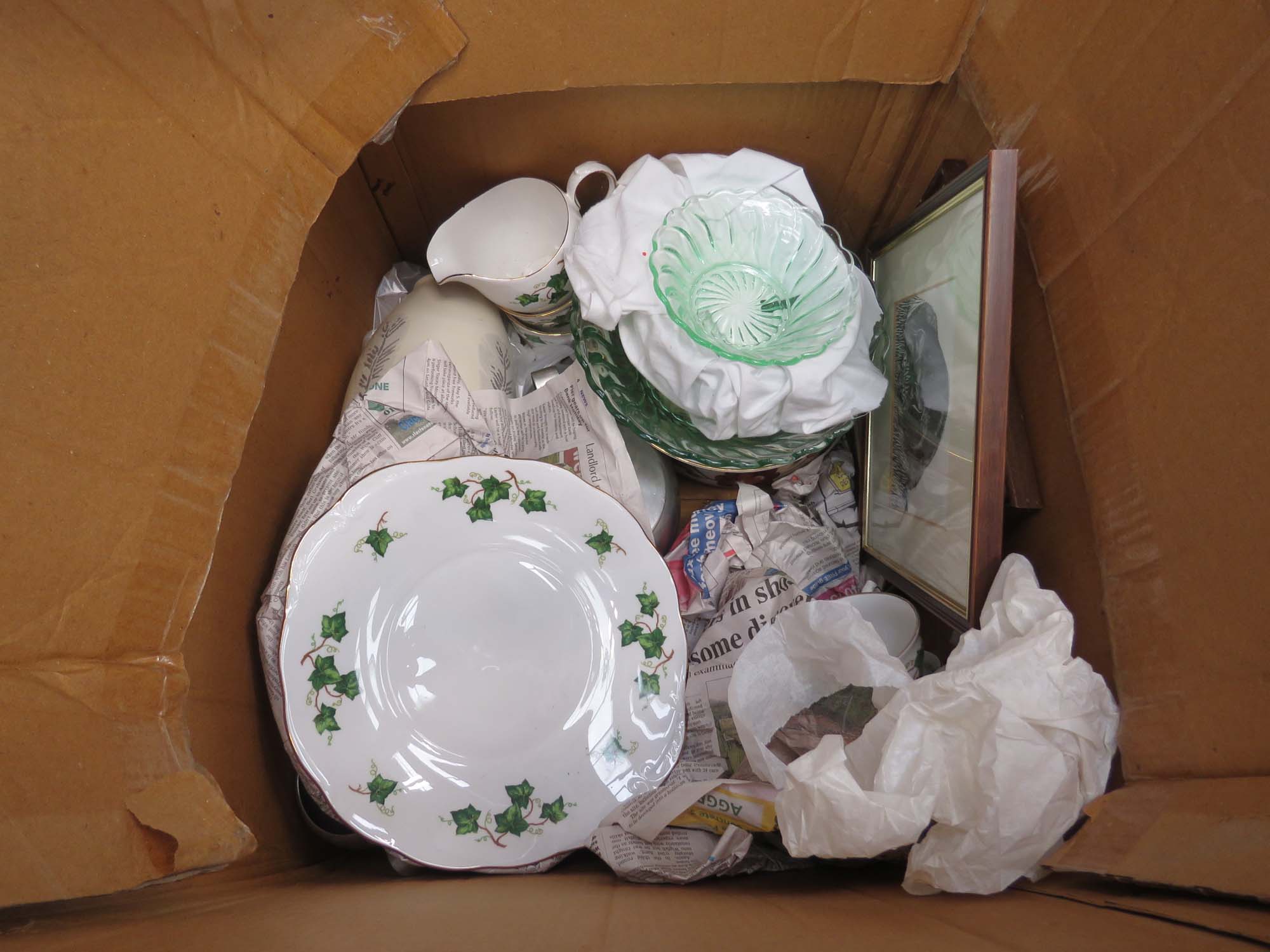 5263 - Box containing a quantity of Clough and other crockery plus stainless steel and glassware