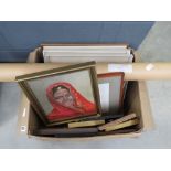 Box containing oils, watercolours and prints incl. study of Indian lady, cityscape, harbour scene,