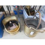 Quantity of brass coal scuttles, fire companion set, oil lamp and copper pots