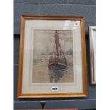 Watercolour: sailing boat in harbour