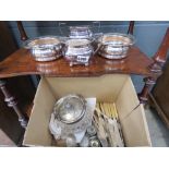 Box containing loose cutlery, glass biscuit barrel, cruet set, silver plated wine coasters, sugar