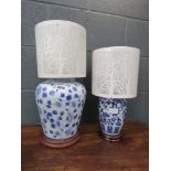 2 blue and white glazed table lamps