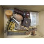 2 boxes containing a silver plated cigarette box, saw, treen, Bakelite box, decanter, vases and