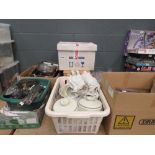 9 boxes containing loose cutlery, Royal Doulton floral patterned crockery, mixing bowls, household