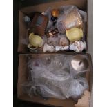 2 boxes containing glassware, whisky bottles, quantity of Ainsley china, ornamental sherry barrel,