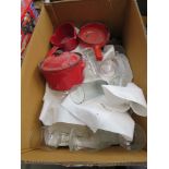 Box containing pottery baking vessels, teapot and glassware