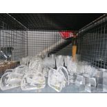 Cage containing a quantity of sherry glasses plus Wedgwood crystal figures and candle holders