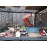 Cage containing cutlery sets, loose cutlery, mustard pot, part cruet set, trays plus saving set