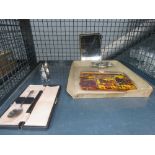 Cage containing a silver salt and pepper set, spoon, salts, mustard pot and a celluloid faux