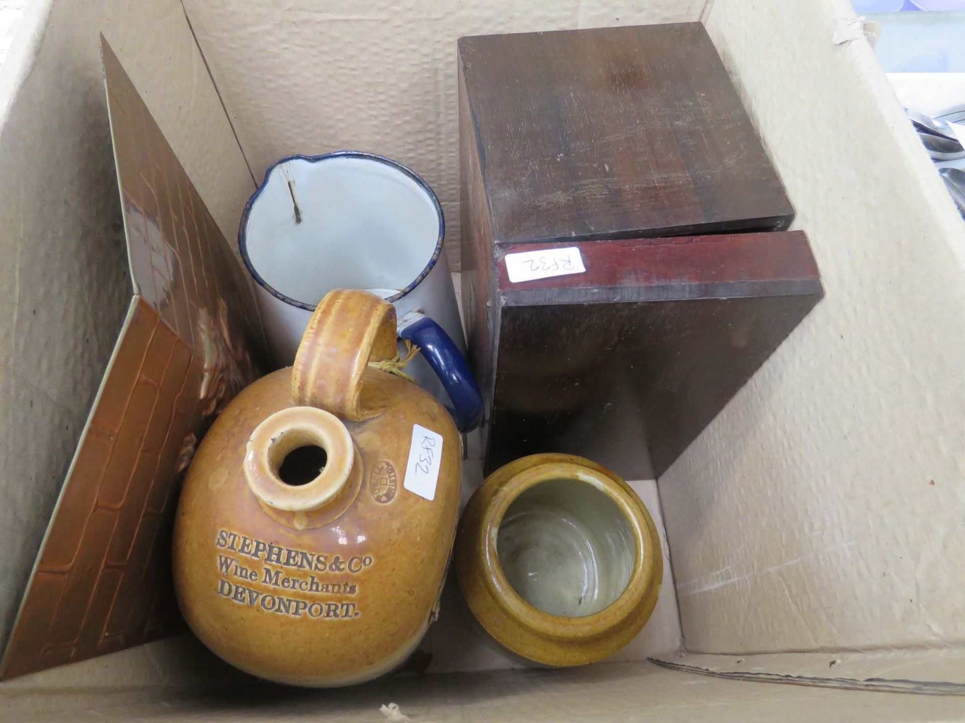 2 boxes containing a chamber pot plus flagons, enamelled jug and wooden storage box Height: 30cm