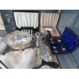 Boxed teaspoon set, fish knives and forks, stainless steel teapot, sauce bottle, plus loose cutlery,