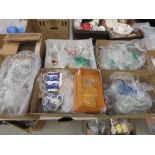 6 boxes containing glassware, blue and white crockery and ornamental posies