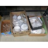 3 boxes containing glassware plus gold and blue rimmed china