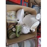 Box containing china to include ornamental watering can, teapot, coffee mug and ornaments