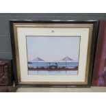 Framed and glazed print of seascape with umbrellas and dining couple