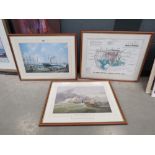 3 framed and glazed maritime prints of sailing ships in harbour, ship at sea and technical engine