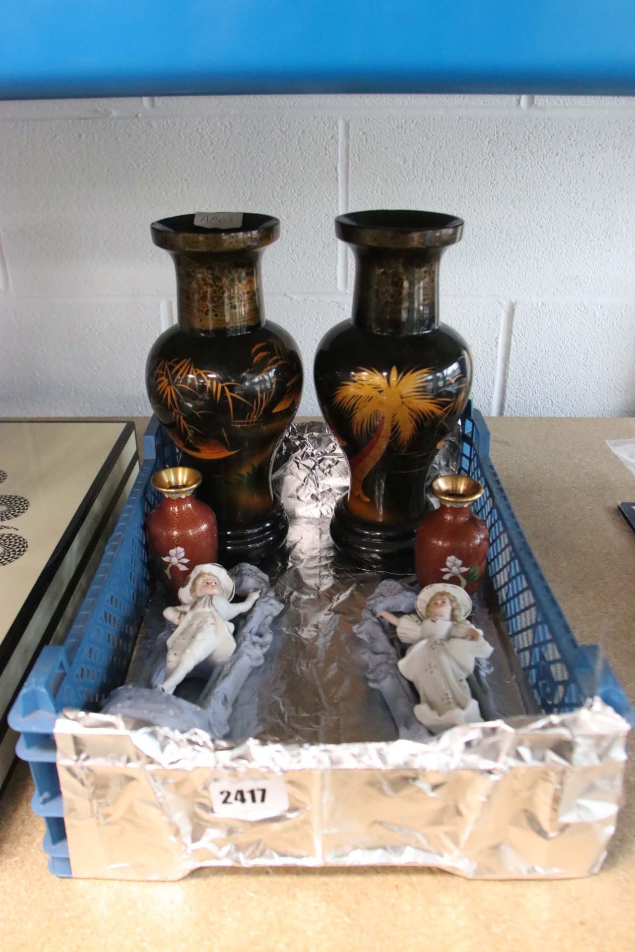 2 small cloisonne vases, pair of black and bamboo decorated glasses with 2 figurines