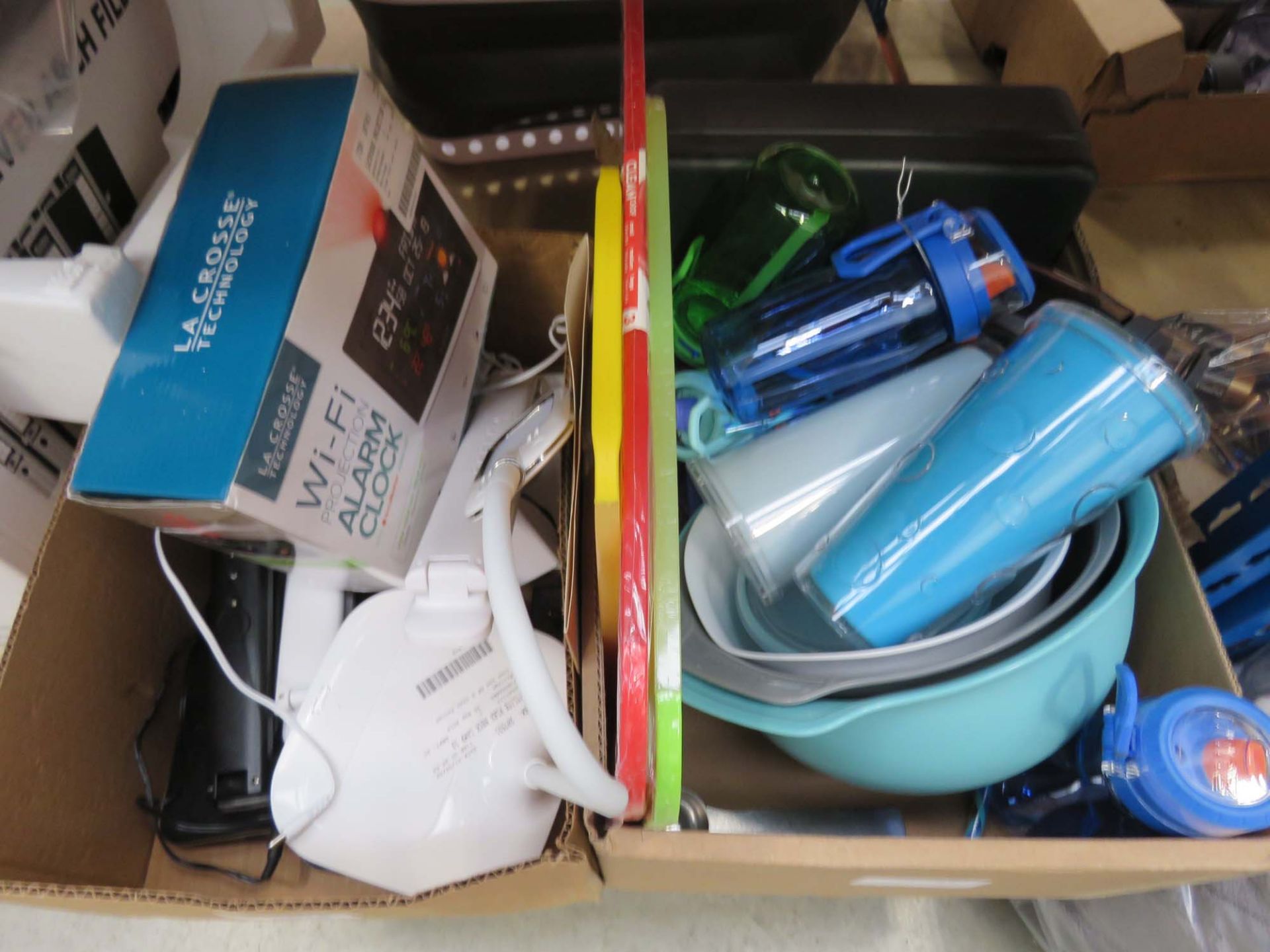 2 boxes of mixed items incl. Ottlite desk lamps, alarm clock, mixing bowls, bottles, etc.