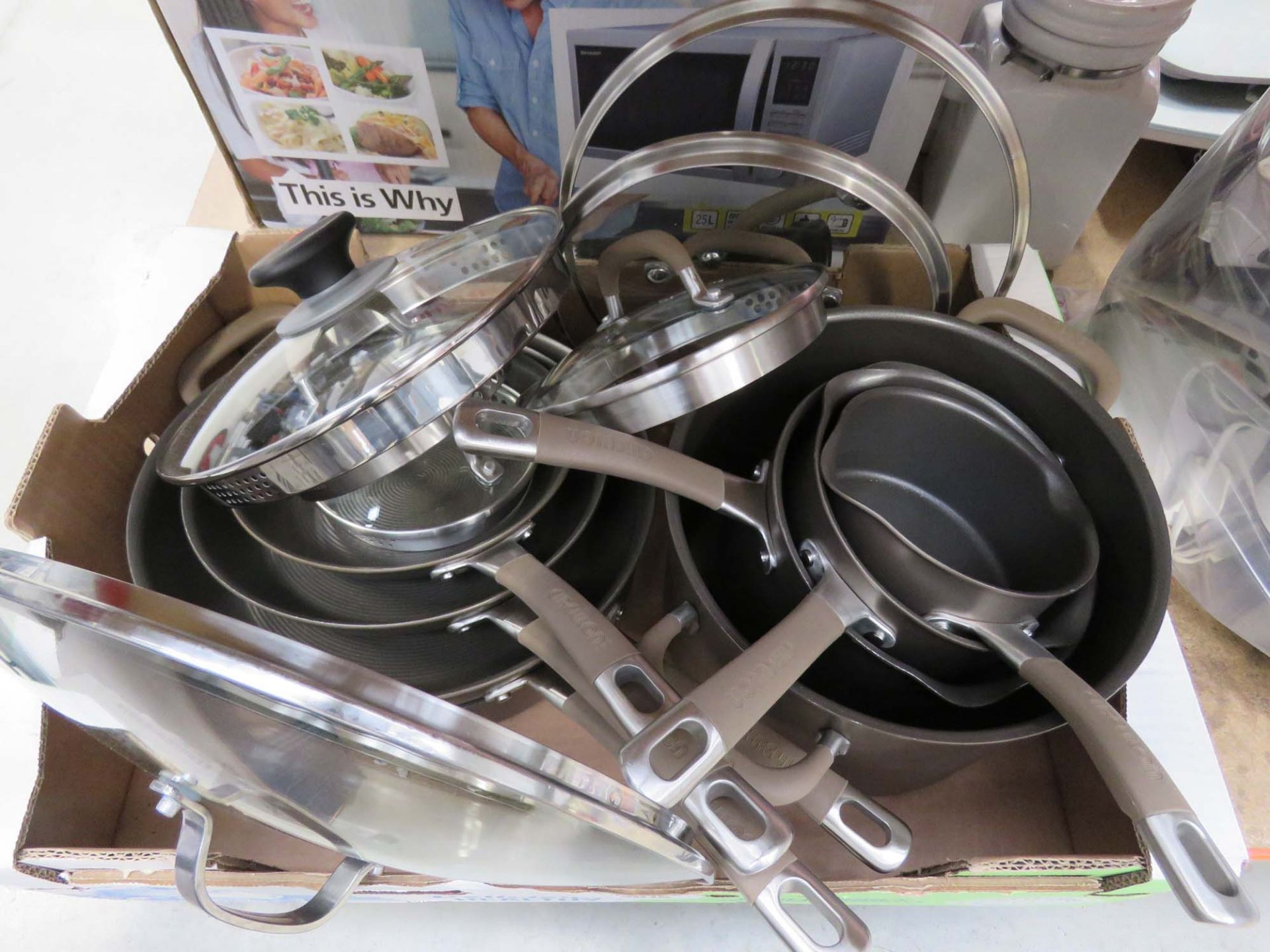 Tray of used Circulon pots and pans