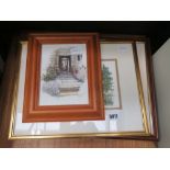 3 framed and glazed prints of cottage in garden, St. Neots bridge and Tempsford