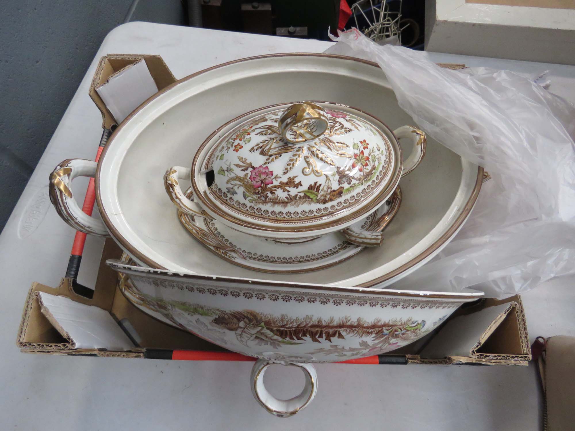 Box containing a quantity of floral patterned Edwardian tureens