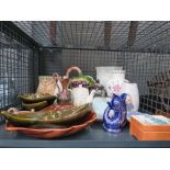 Cage containing Glug Glug jug plus studio pottery, teapot and vases