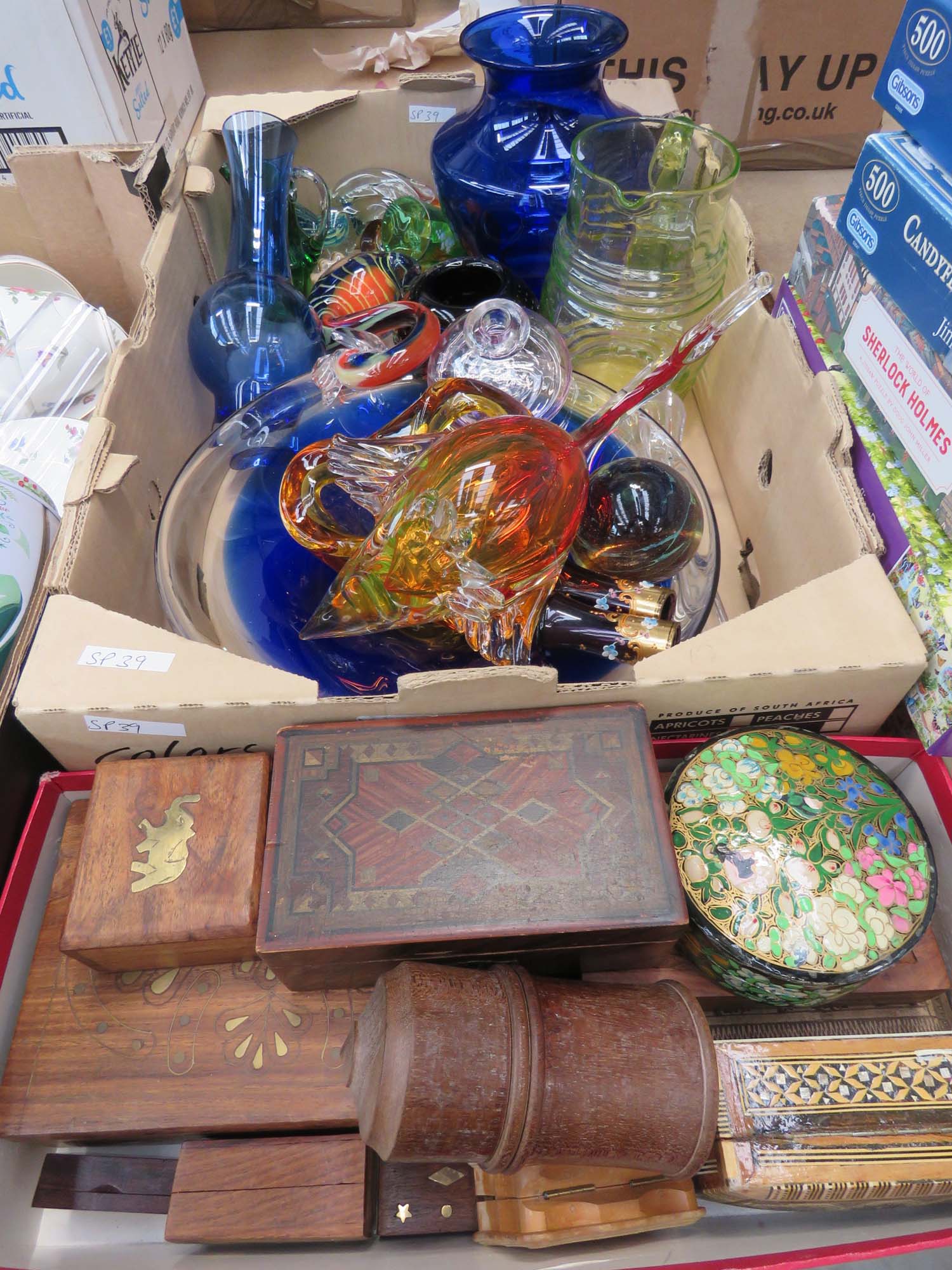2 boxes containing carnival glass plus dishes, lemonade jug and a quantity of small wooden trinket