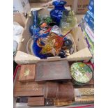 2 boxes containing carnival glass plus dishes, lemonade jug and a quantity of small wooden trinket