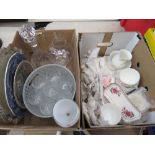 2 boxes containing ornamental lady figures, decanter, tumblers, silver plated serving tray, plates