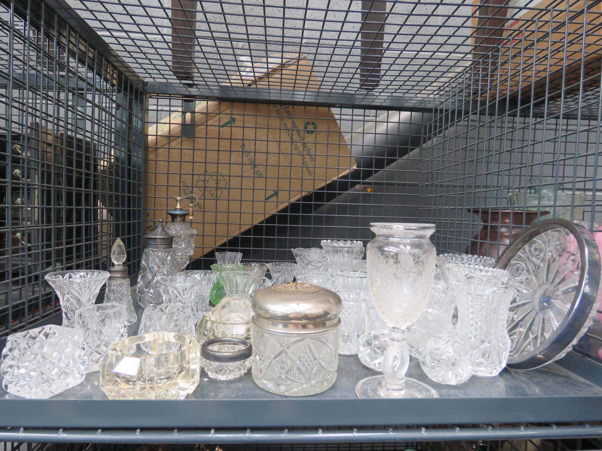 Cage containing glass salts, vases, jug and dish